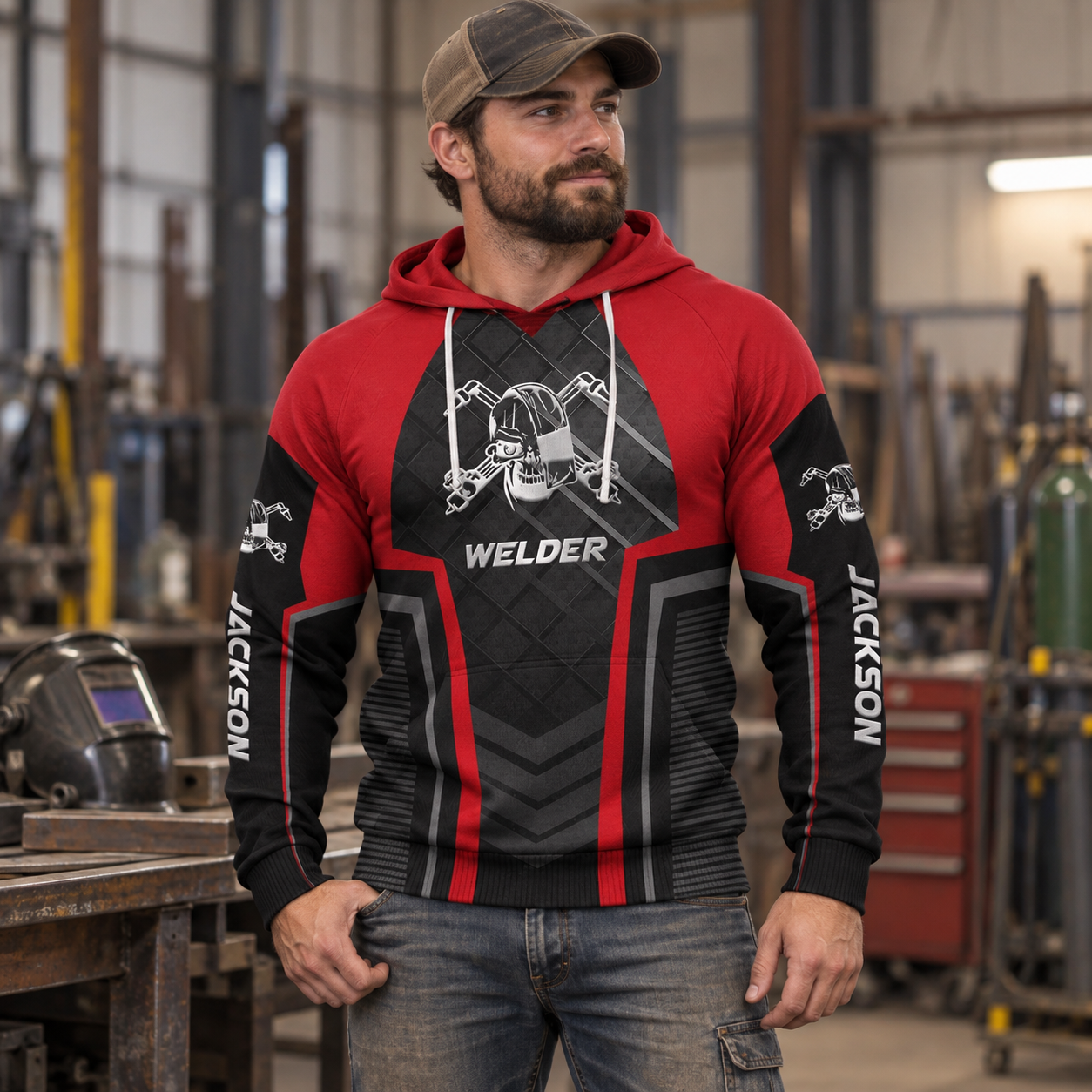 Personalized welder hoodie featuring red black welding helmet badge all-over print, worn by a model