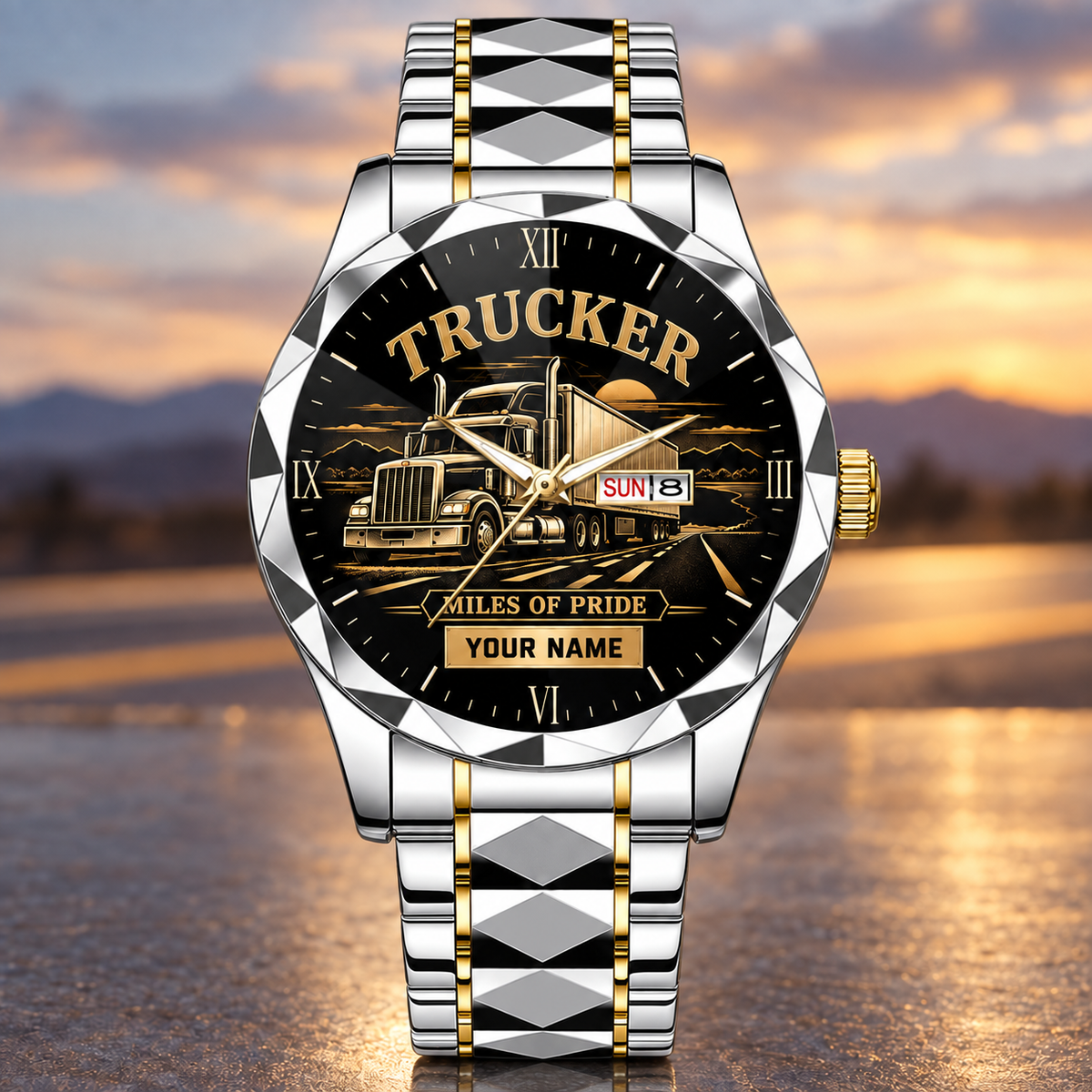 Personalized Trucker Crystal Metal Watch - Faceted Legacy - Silver Gold Chain