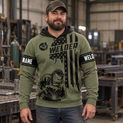 Personalized welder hoodie featuring olive green american flag welder all-over print, worn by a model
