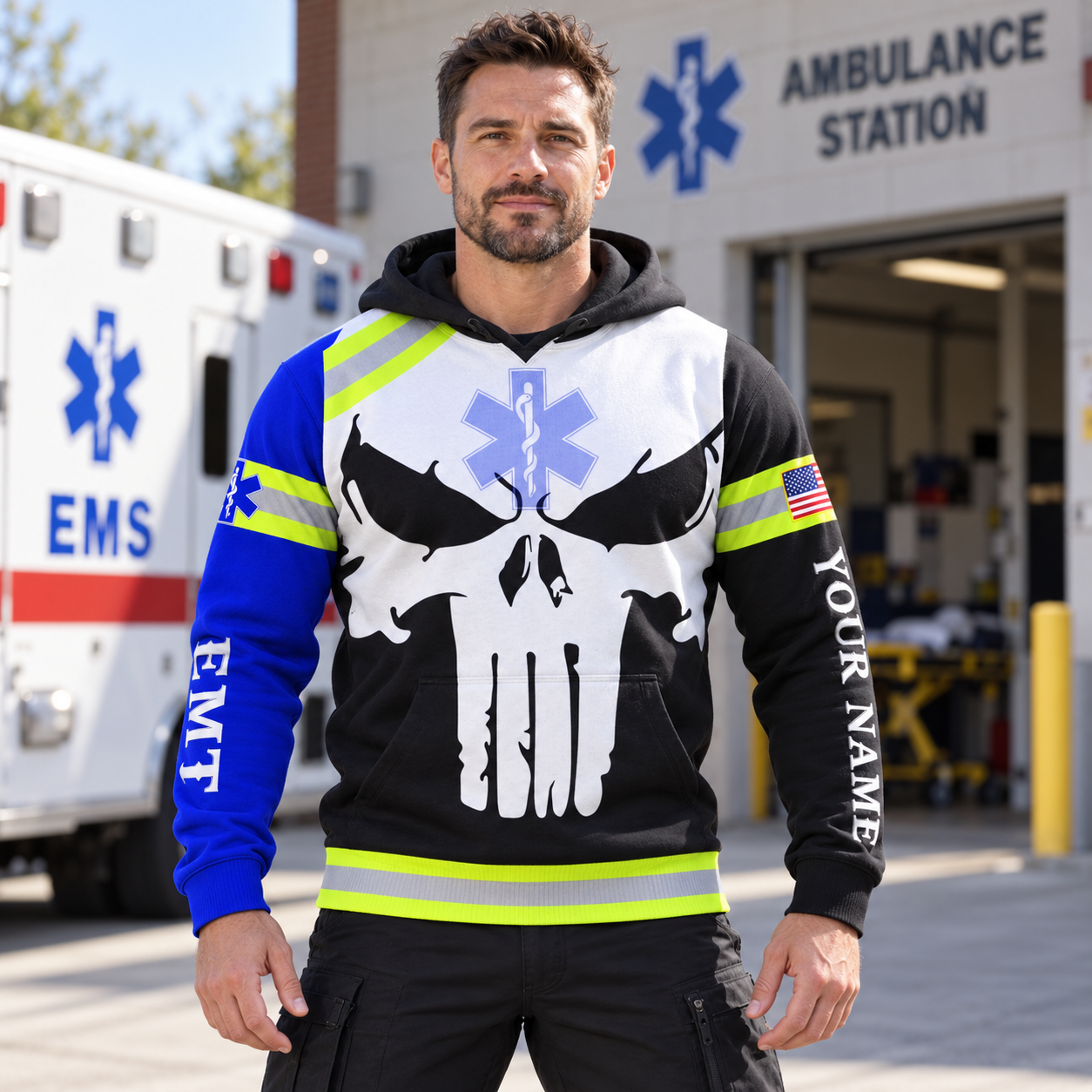 Personalized EMS paramedic hoodie featuring white skull and emt print all-over print, worn by a model