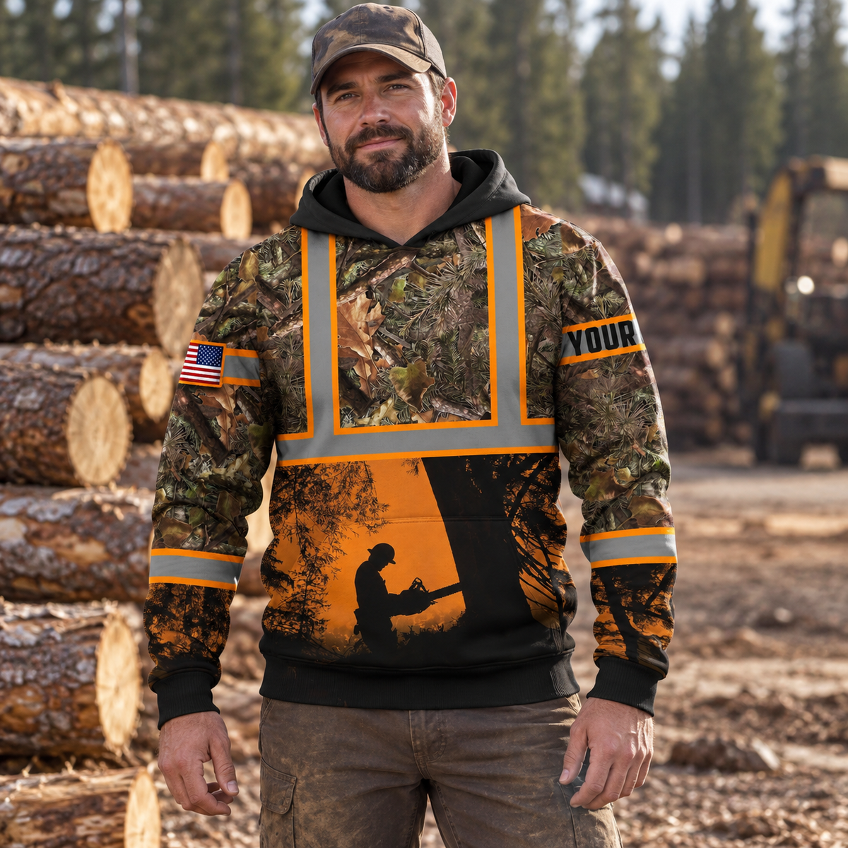 Personalized logger hoodie featuring woodland camouflage orange logger silhouette all-over print, worn by a model