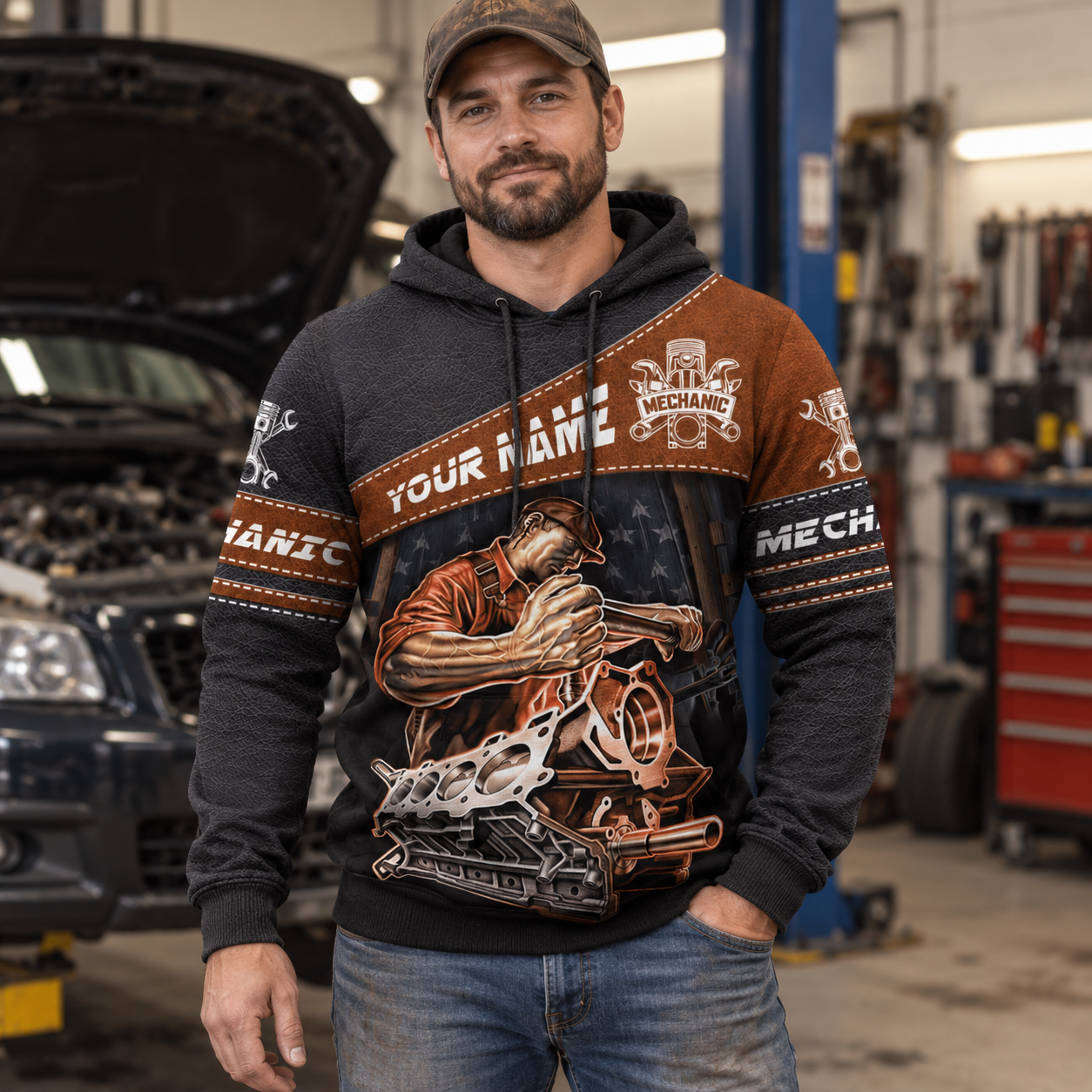 Personalized mechanic hoodie featuring brown engine repair illustration all-over print, worn by a model
