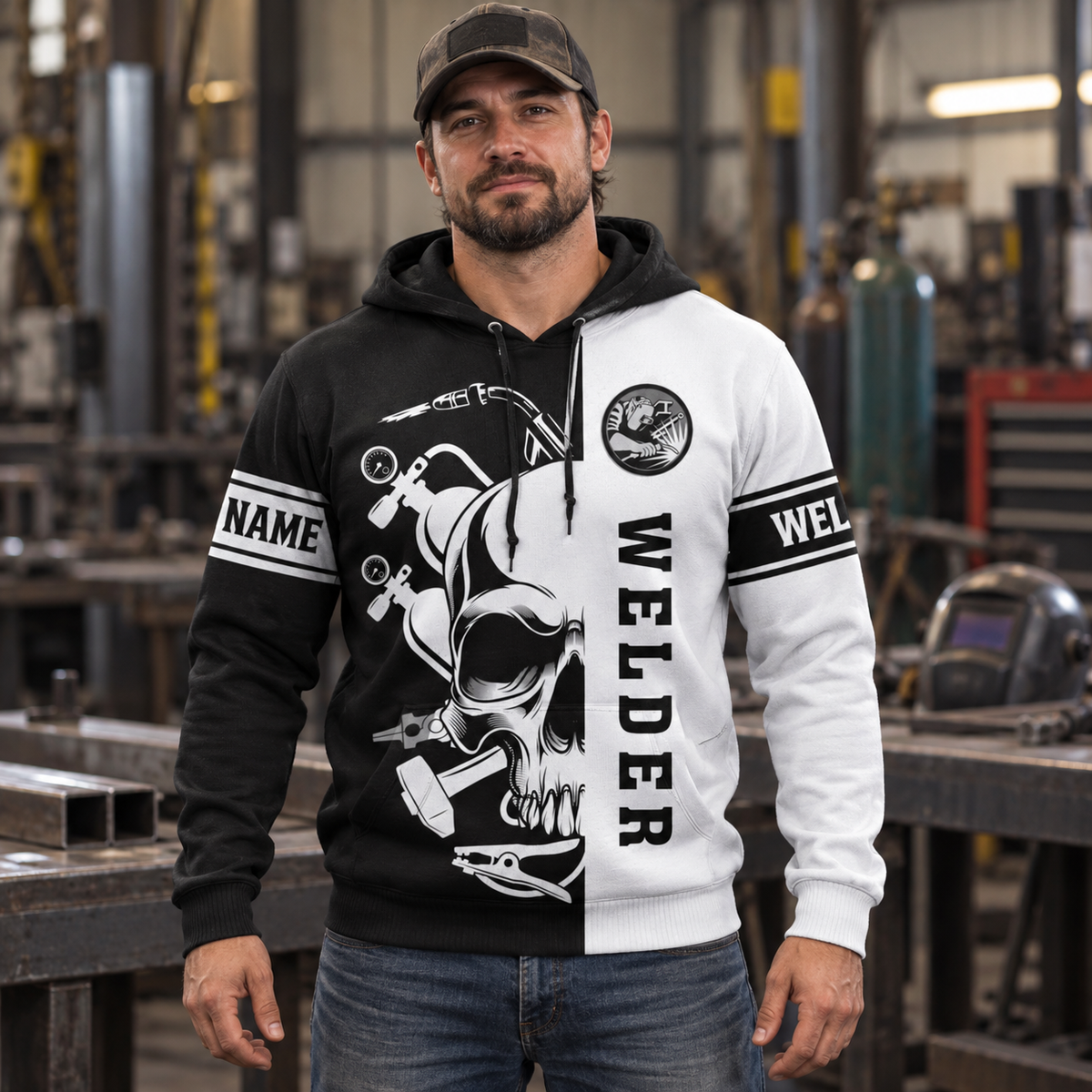 Personalized welder hoodie featuring black white welder skull all-over print, worn by a model