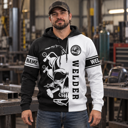 Personalized welder hoodie featuring black white welder skull all-over print, worn by a model