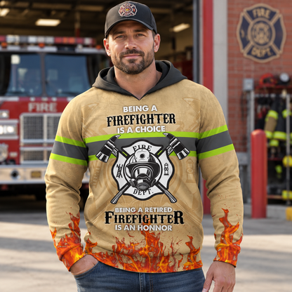 Personalized firefighter hoodie featuring retired firefighter print all-over print, worn by a model