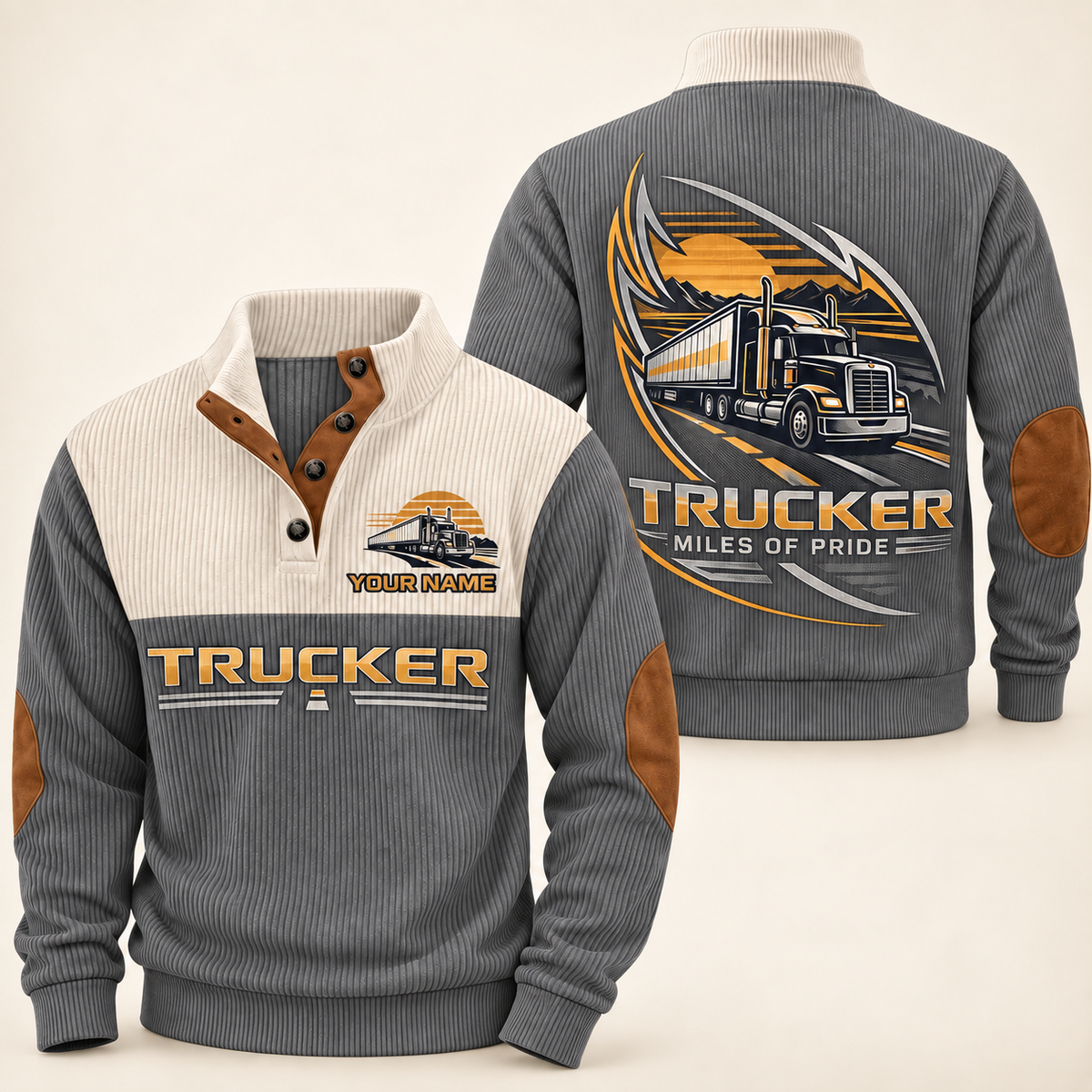 Personalized Trucker Sports Sweatshirt - Heritage Collar - Grey