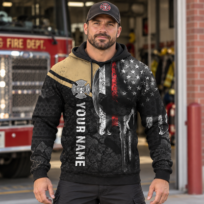 Personalized firefighter hoodie featuring distressed flag and fire badge all-over print, worn by a model