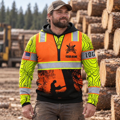 Personalized logger hoodie featuring orange logger silhouette yellow sleeves all-over print, worn by a model