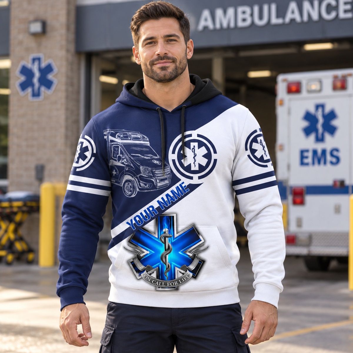 Personalized EMS paramedic hoodie featuring blue and white ambulance print all-over print, worn by a model