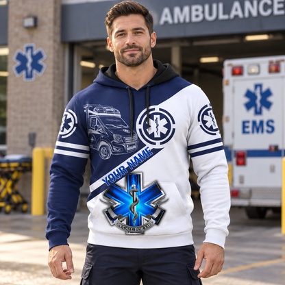 Personalized EMS paramedic hoodie featuring blue and white ambulance print all-over print, worn by a model