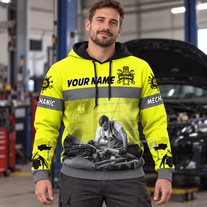 Personalized mechanic hoodie featuring yellow mechanic at work all-over print, worn by a model