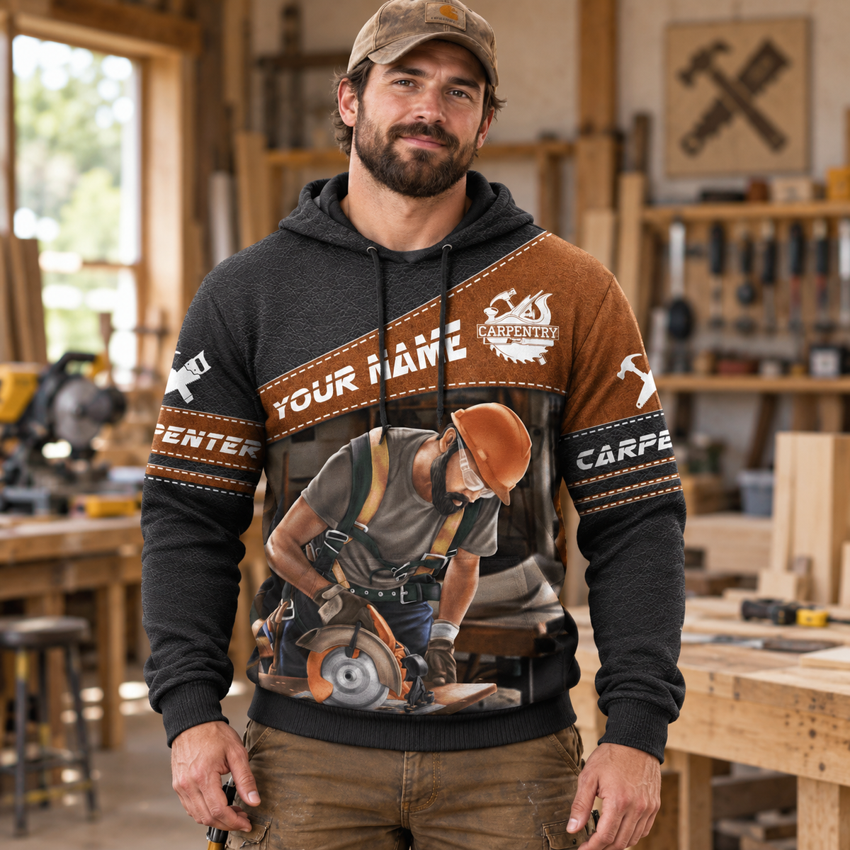 Personalized carpenter hoodie featuring brown diagonal band carpenter at work all-over print, worn by a model