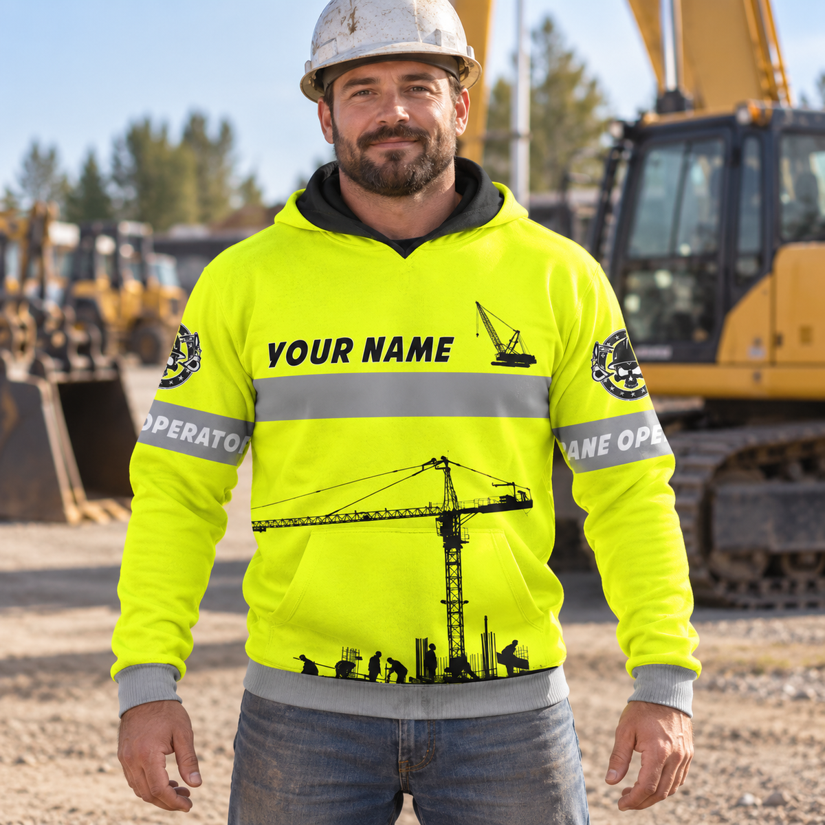 Personalized crane operator hoodie featuring yellow crane print all-over print, worn by a model