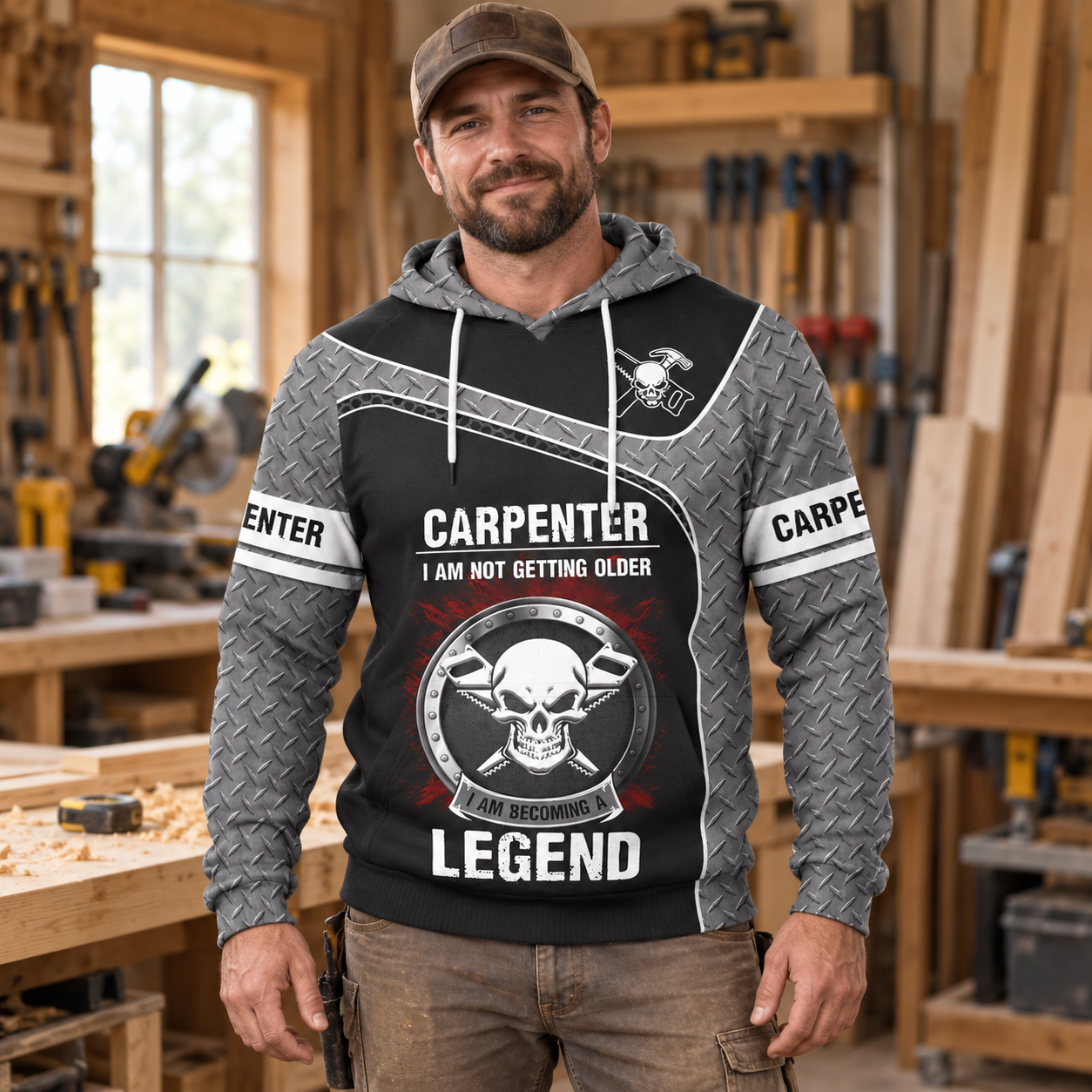 Personalized carpenter hoodie featuring grey black legend skull all-over print, worn by a model