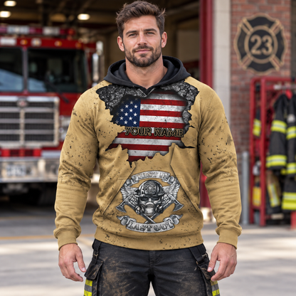 Personalized firefighter hoodie featuring american flag first in last out all-over print, worn by a model