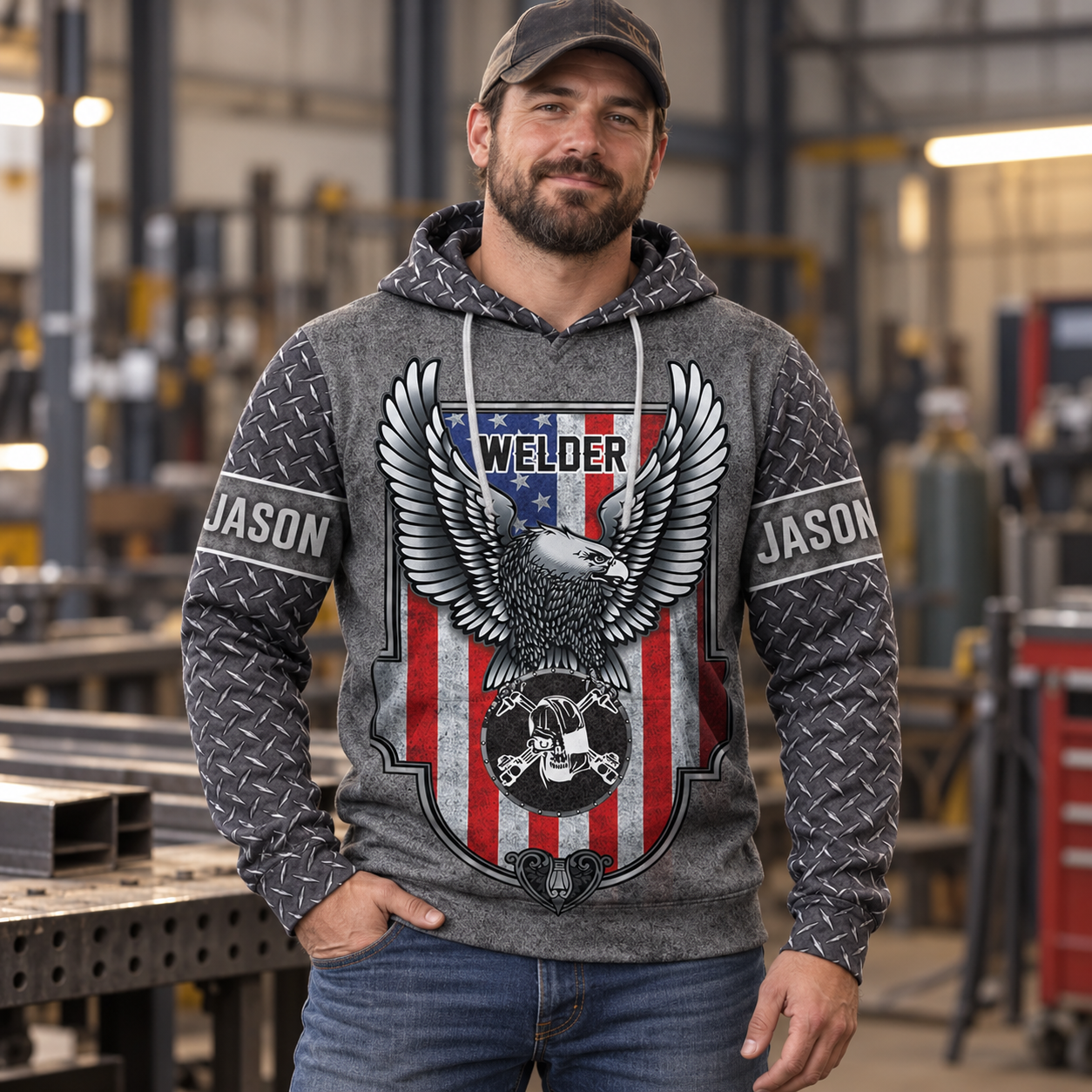 Personalized welder hoodie featuring grey american eagle shield all-over print, worn by a model