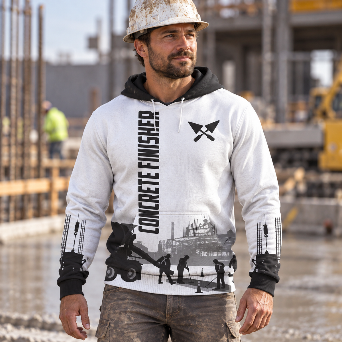 Concrete finisher hoodie featuring white concrete work crew all-over print, worn by a model
