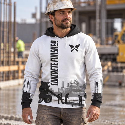 Concrete finisher hoodie featuring white concrete work crew all-over print, worn by a model
