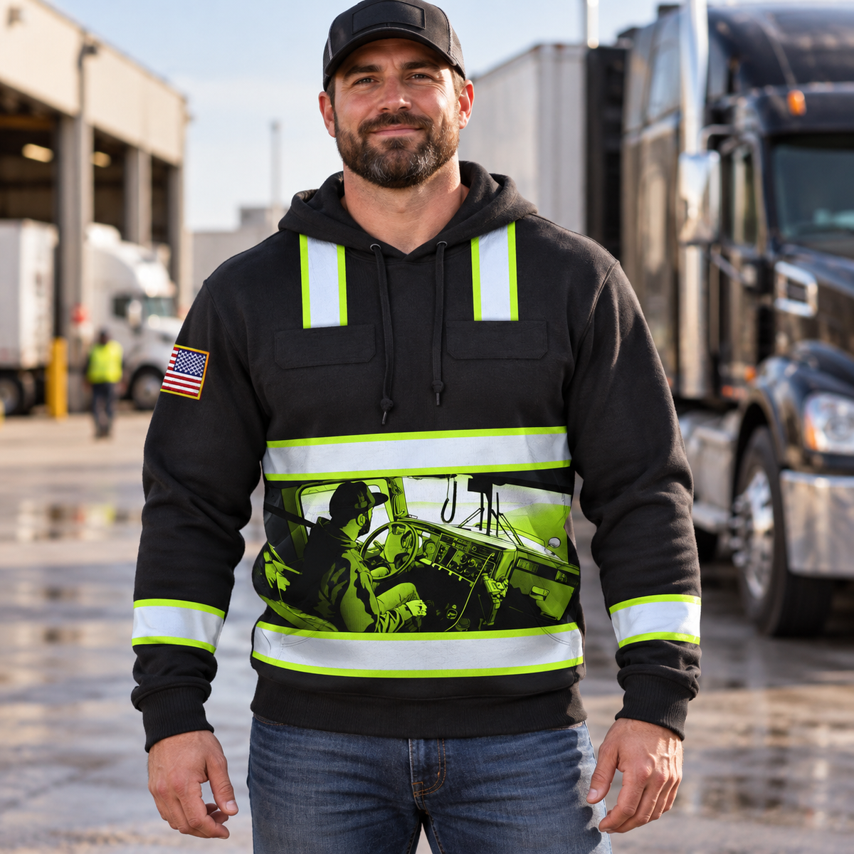 Personalized trucker hoodie featuring black and yellow truck driver print all-over print, worn by a model