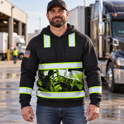 Personalized trucker hoodie featuring black and yellow truck driver print all-over print, worn by a model