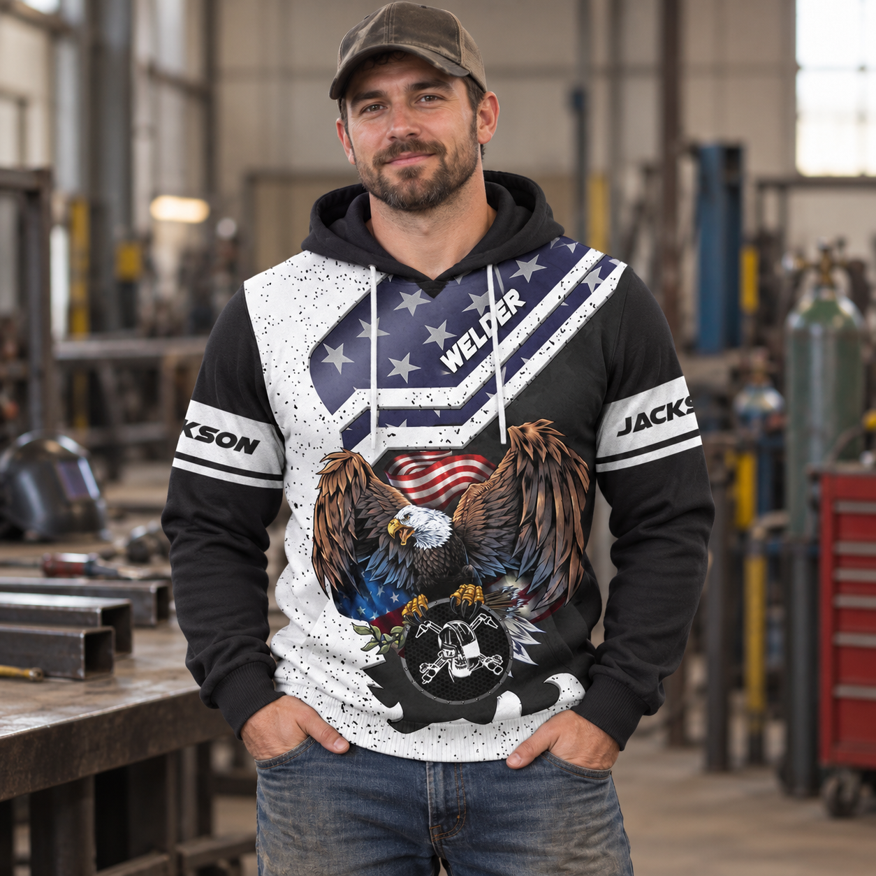 Personalized welder hoodie featuring black white american eagle all-over print, worn by a model