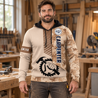 Personalized carpenter hoodie featuring tan camouflage saw blade all-over print, worn by a model