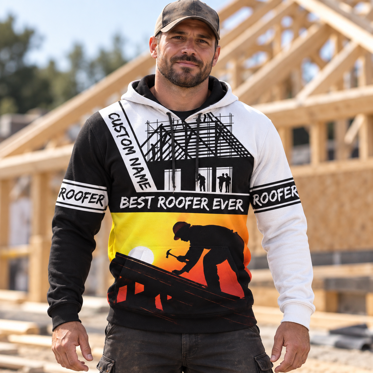 Roofer hoodie featuring white sunset best roofer ever all-over print, worn by a model