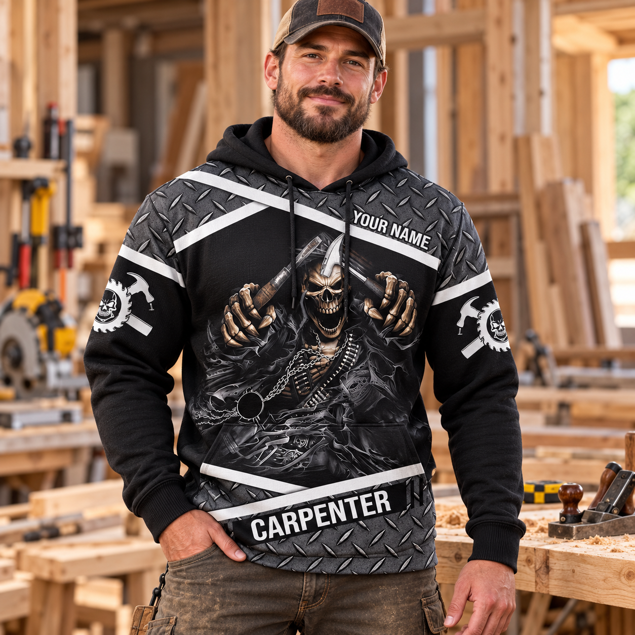 Personalized carpenter hoodie featuring metal skull all-over print, worn by a model
