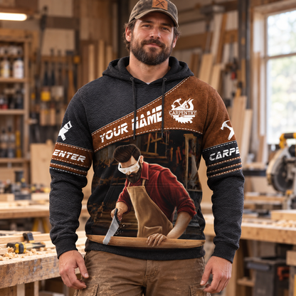 Personalized carpenter hoodie featuring brown diagonal band hand plane all-over print, worn by a model