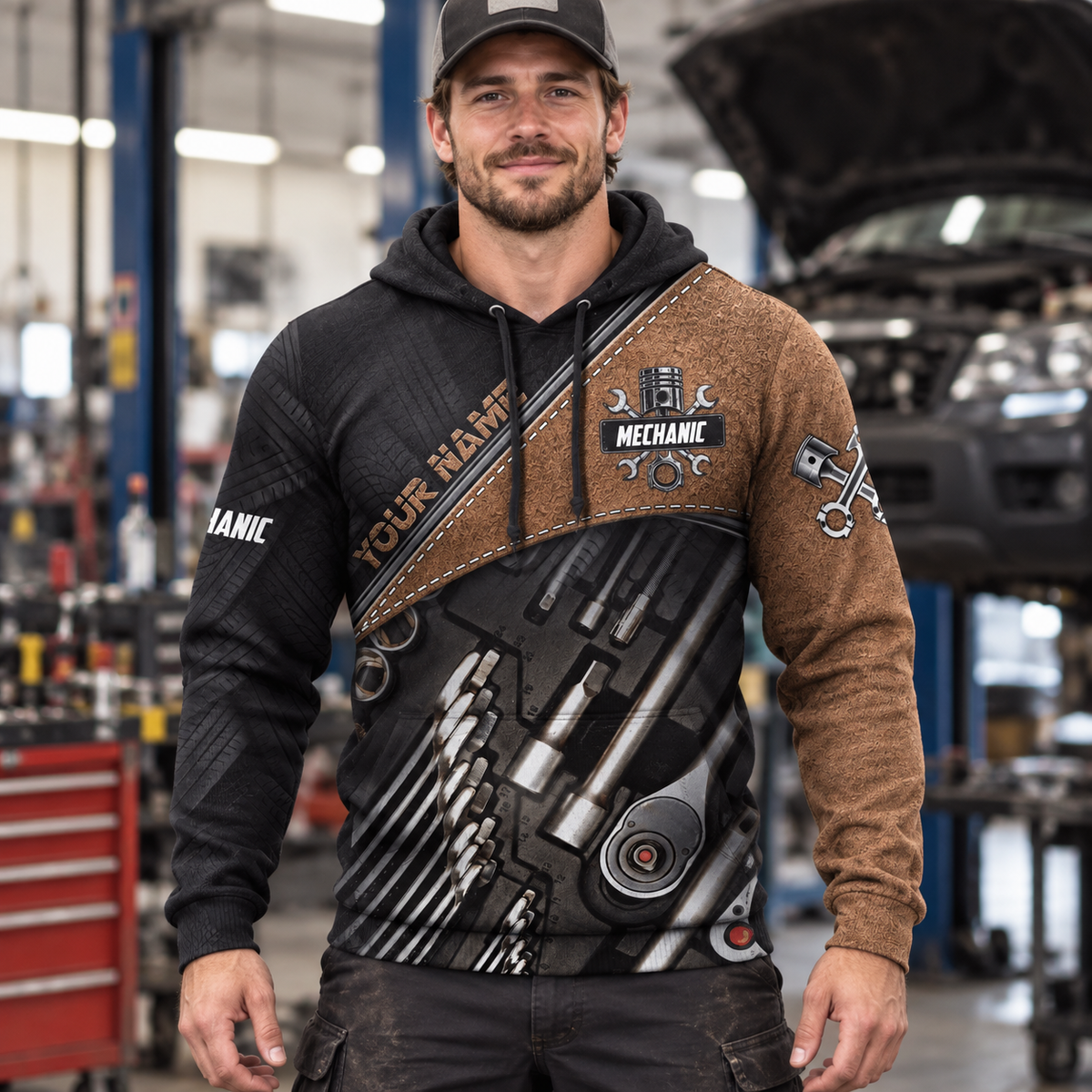 Personalized mechanic hoodie featuring brown socket tool print all-over print, worn by a model