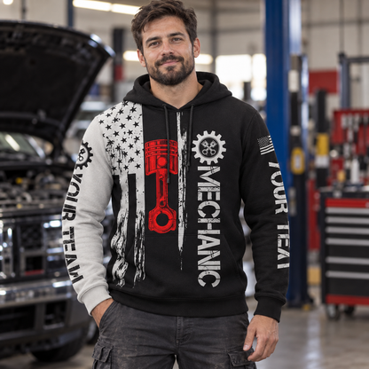 Personalized mechanic hoodie featuring black white tools red wrench all-over print, worn by a model