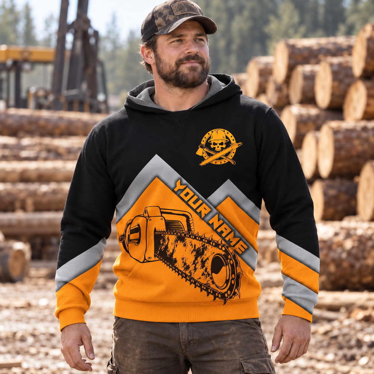 Personalized logger hoodie featuring black orange chevron chainsaw all-over print, worn by a model
