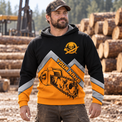 Personalized logger hoodie featuring black orange chevron chainsaw all-over print, worn by a model