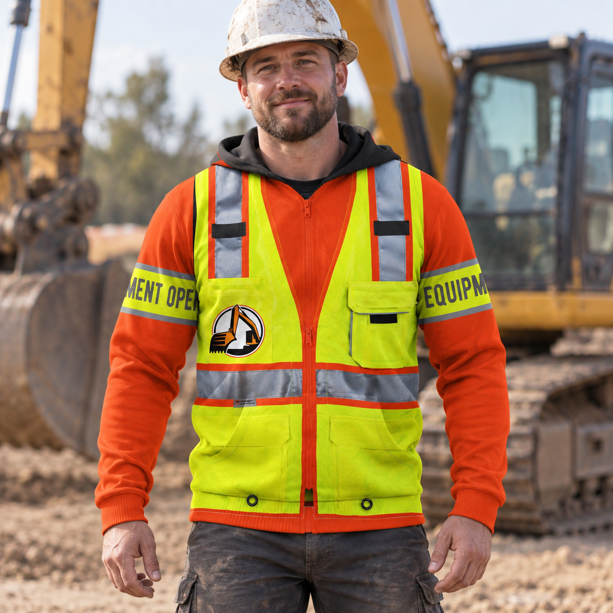 Personalized excavator operator hoodie featuring yellow vest print orange sleeves all-over print, worn by a model