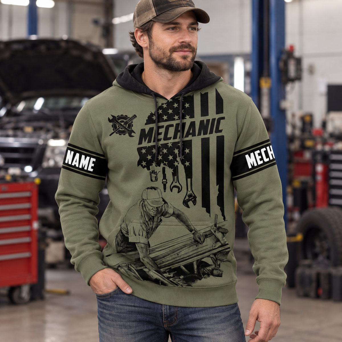 Personalized mechanic hoodie featuring olive green american flag mechanic all-over print, worn by a model