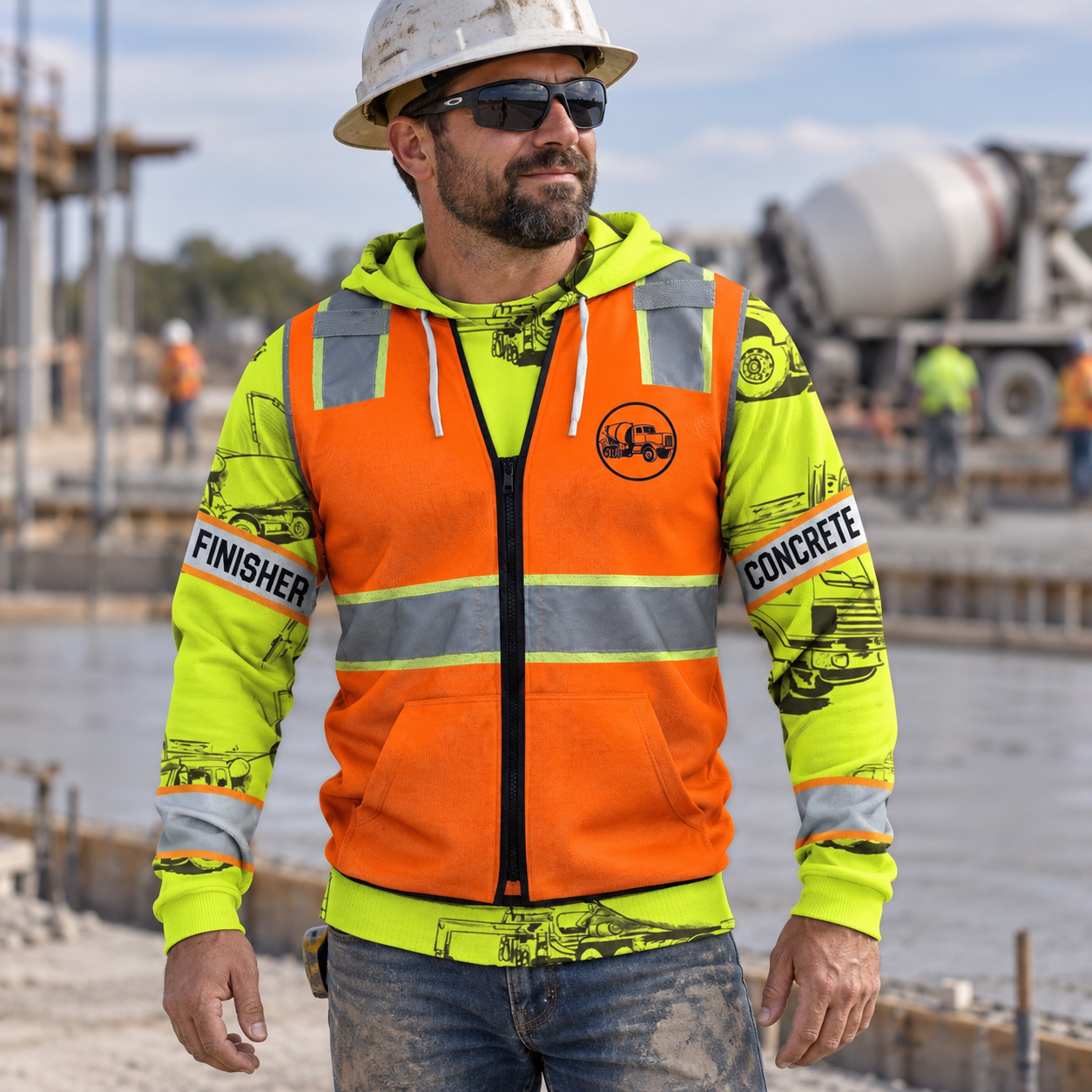 Concrete finisher hoodie featuring orange vest print and concrete finisher dad all-over print, worn by a model