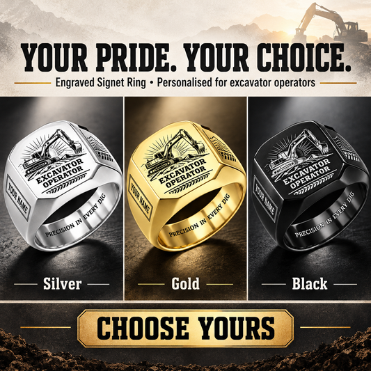 Personalized Excavator Operator Engraved Signet Ring - Sunburst Legacy - advertising image