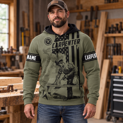 Personalized carpenter hoodie featuring olive green american flag carpenter all-over print, worn by a model