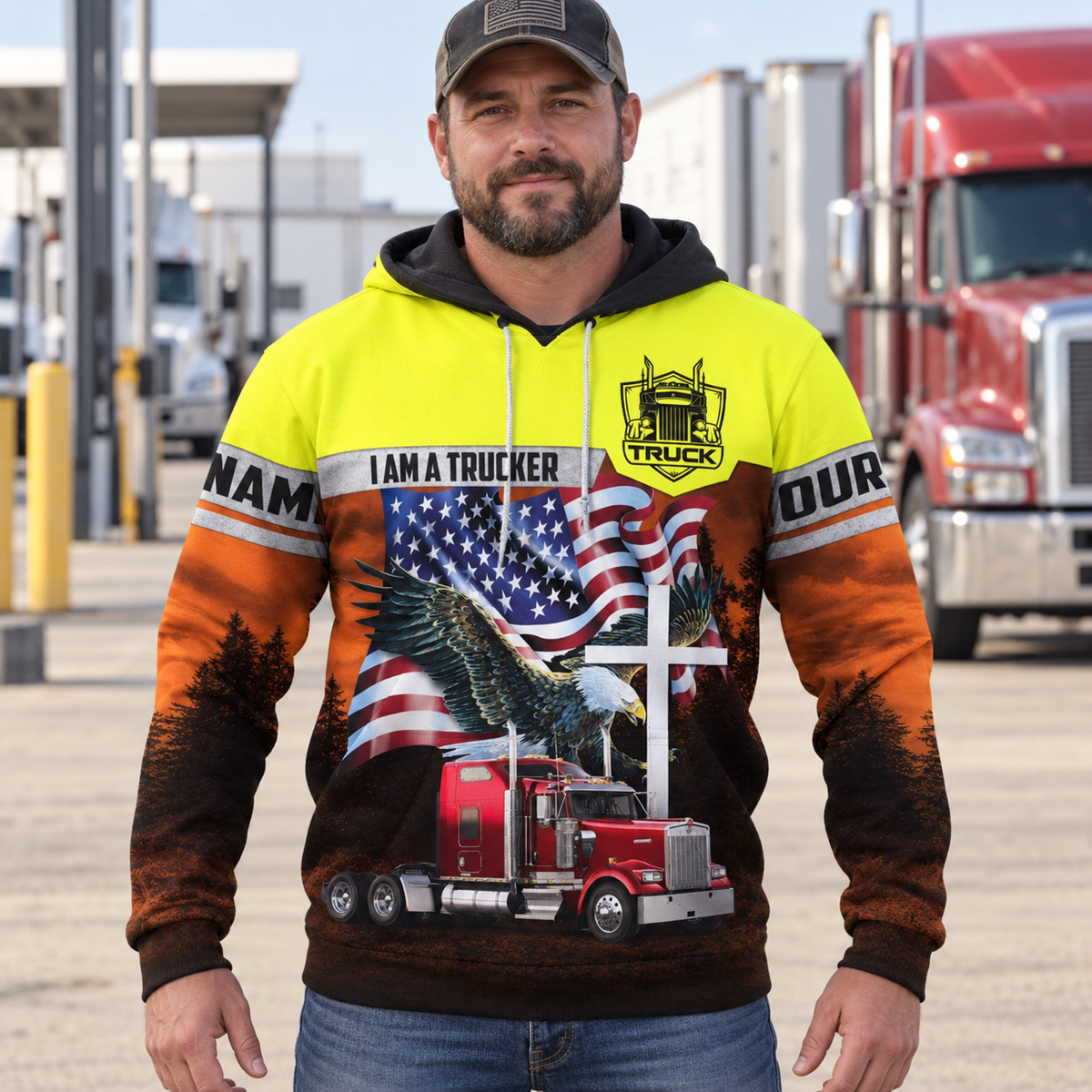Personalized trucker hoodie featuring yellow trucker eagle flag all-over print, worn by a model