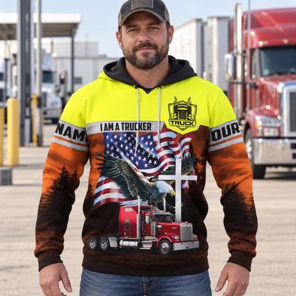 Personalized trucker hoodie featuring yellow trucker eagle flag all-over print, worn by a model