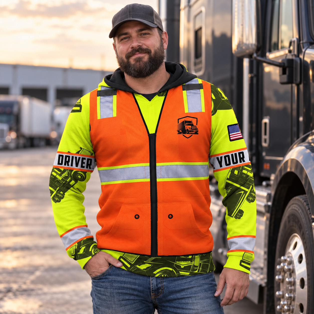 Personalized trucker hoodie featuring orange vest print yellow sleeves all-over print, worn by a model