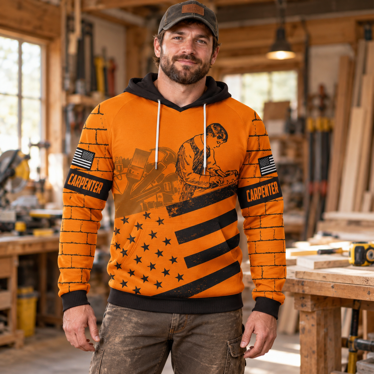 Personalized carpenter hoodie featuring orange brickwork american flag all-over print, worn by a model