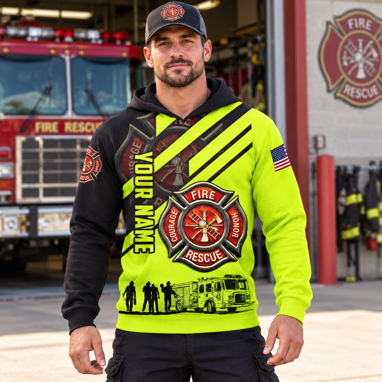 Personalized firefighter hoodie featuring neon yellow fire rescue print all-over print, worn by a model