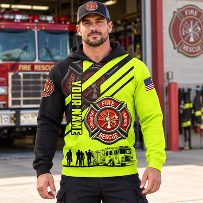 Personalized firefighter hoodie featuring neon yellow fire rescue print all-over print, worn by a model
