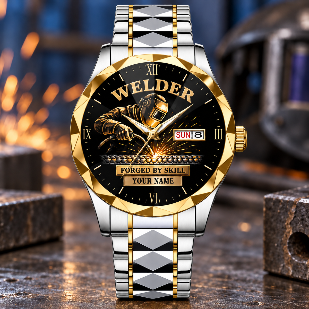 Personalized Welder Crystal Metal Watch - Faceted Legacy - Silver Gold