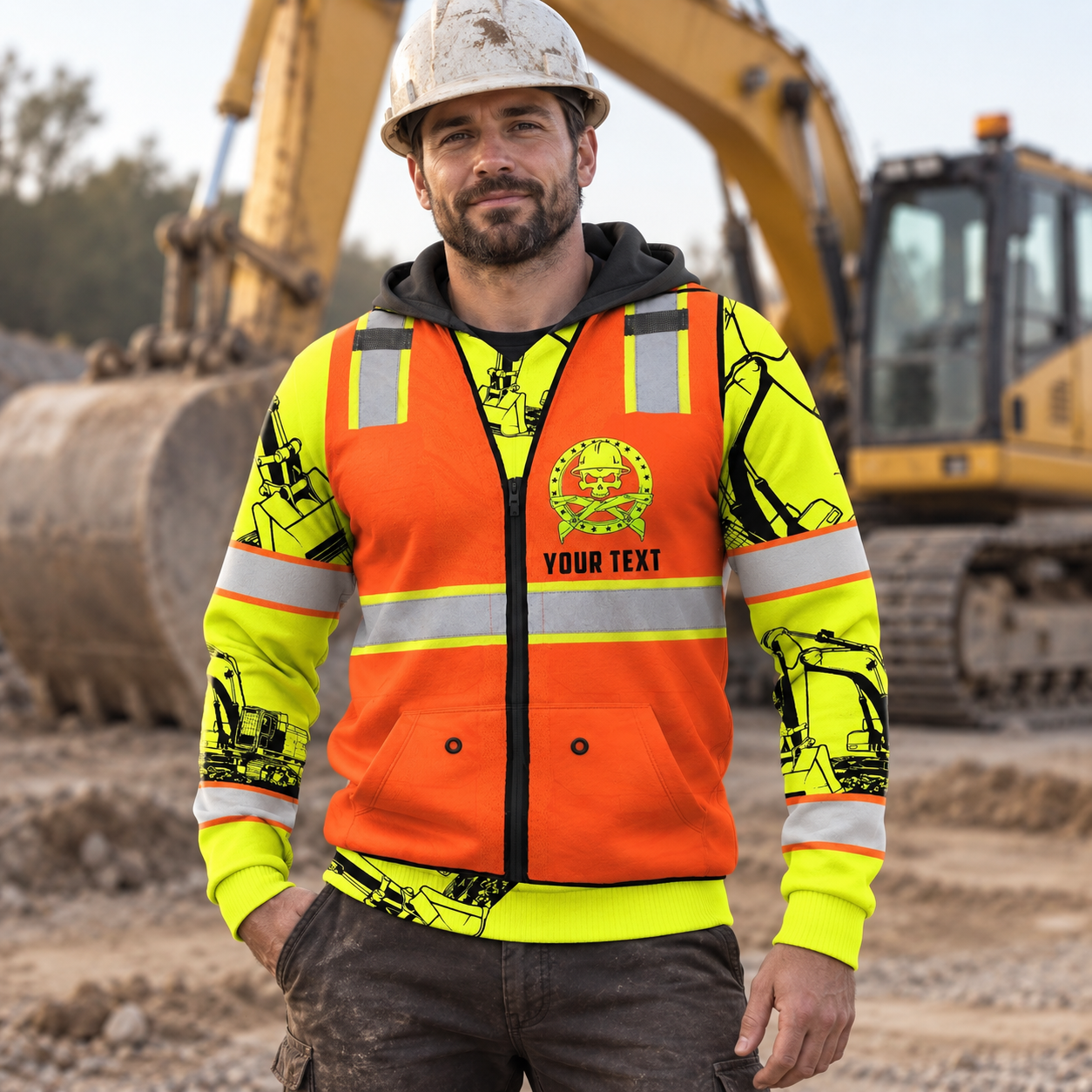 Personalized excavator operator hoodie featuring orange vest print excavator sleeves all-over print, worn by a model