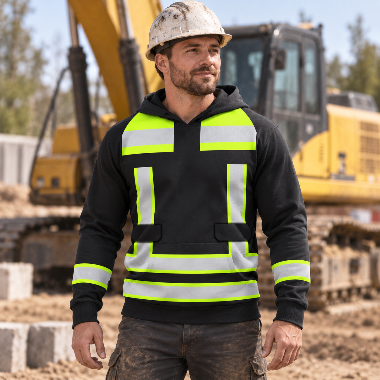Personalized excavator operator hoodie featuring black yellow vest stripe print all-over print, worn by a model