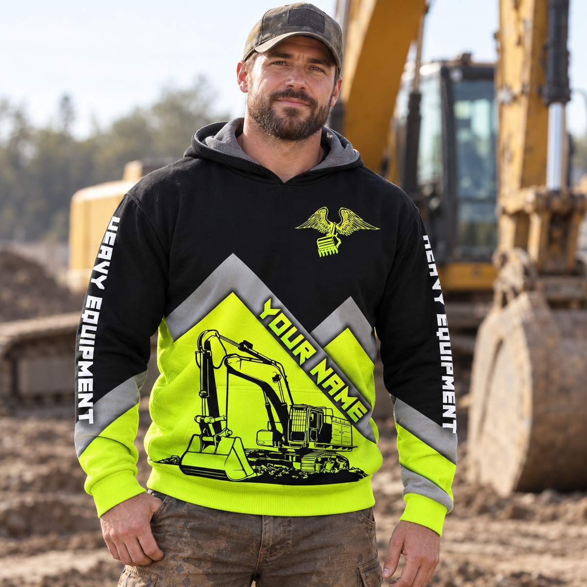 Personalized heavy equipment hoodie featuring black yellow chevron excavator all-over print, worn by a model