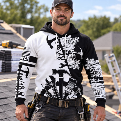 Roofer hoodie featuring black white tools all-over print, worn by a model