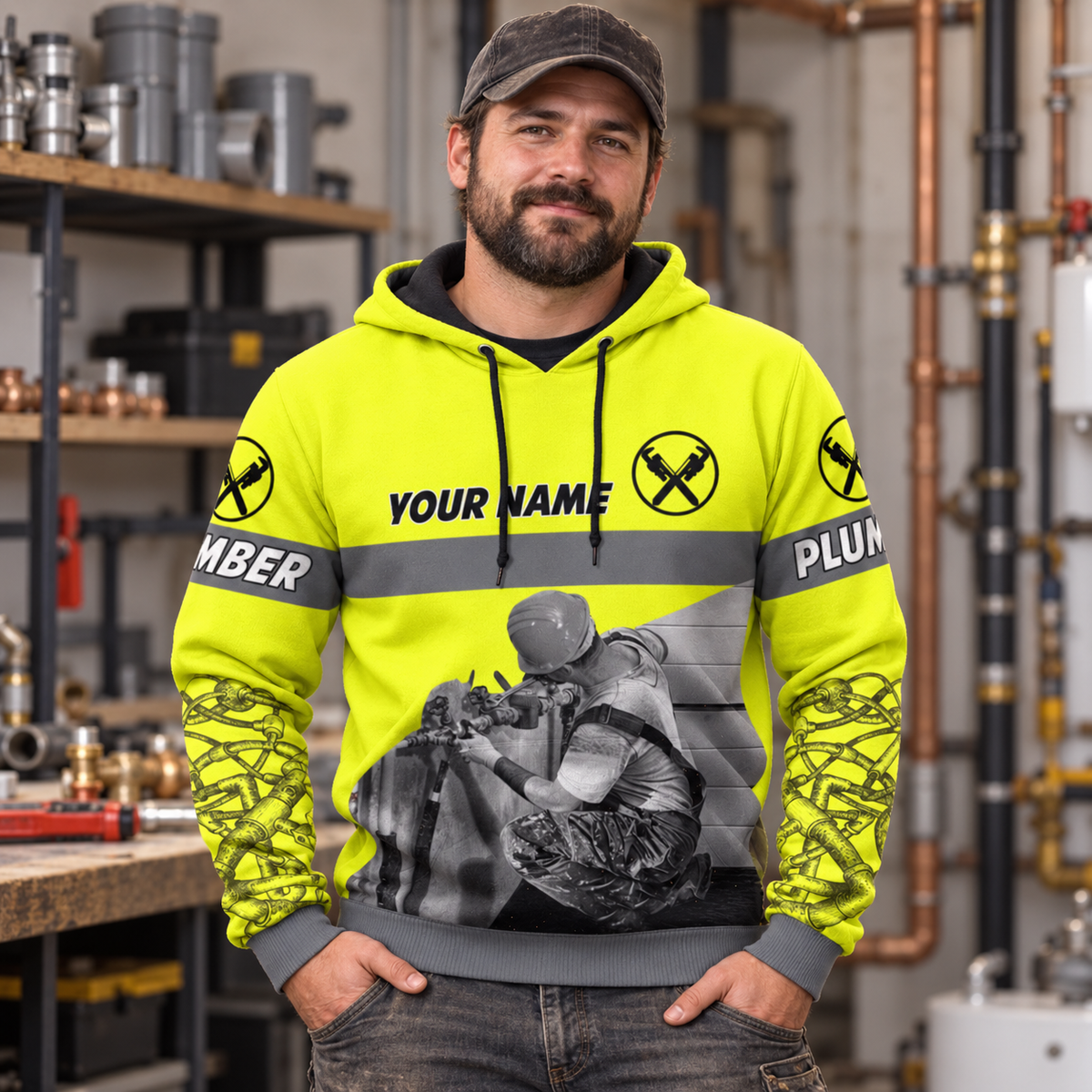 Personalized plumber hoodie featuring yellow plumber at work all-over print, worn by a model